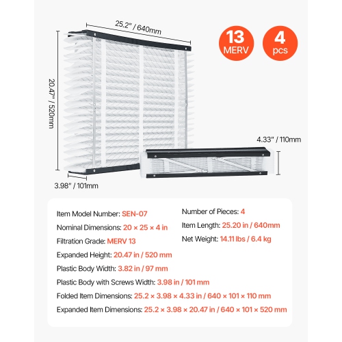 VEVOR 20 x 25 x 4 Furnace Filter, MERV 13 HVAC Ac Filters,12-Month Electrostatic Pleated Air Conditioner Filters, 4-Pack for Capturing Dust