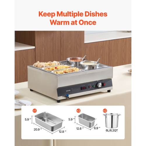 VEVOR 6.34QT Electric Soup Warmer, Two Pots & Three 1/3 Pans, Stainless Steel Commercial Food Warmer with 86~185°F Adjustable Temp, 1500W Bain Marie,