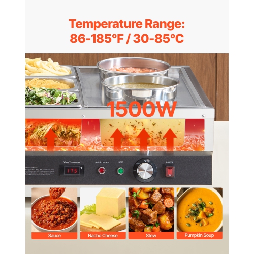 VEVOR 6.34QT Electric Soup Warmer, Two Pots & Three 1/3 Pans, Stainless Steel Commercial Food Warmer with 86~185°F Adjustable Temp, 1500W Bain Marie,