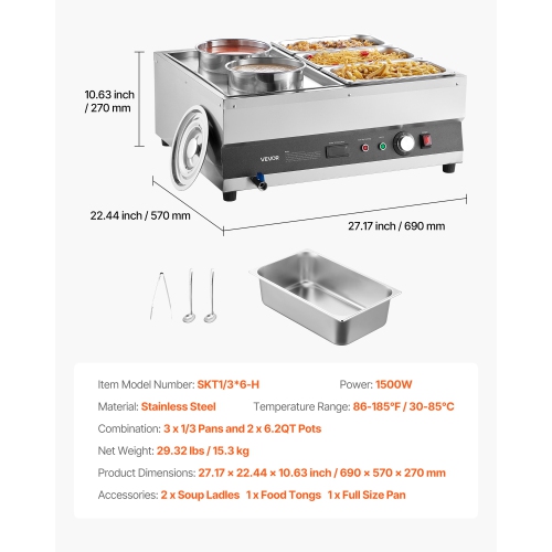 VEVOR 6.34QT Electric Soup Warmer, Two Pots & Three 1/3 Pans, Stainless Steel Commercial Food Warmer with 86~185°F Adjustable Temp, 1500W Bain Marie,