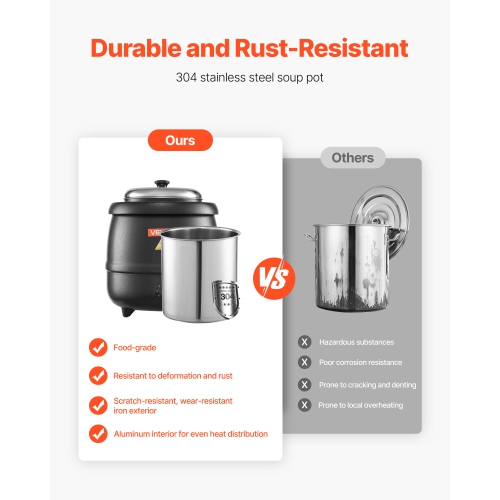 VEVOR 10QT Electric Soup Warmer, Commercial Soup Kettle with 304 Stainless Steel Detachable Insert Pot, 95~176°F Adjustable Temperature, Soup Station