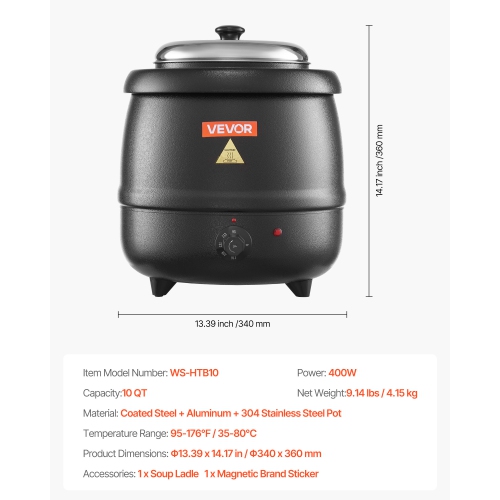 VEVOR 10QT Electric Soup Warmer, Commercial Soup Kettle with 304 Stainless Steel Detachable Insert Pot, 95~176°F Adjustable Temperature, Soup Station