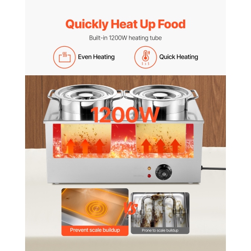VEVOR 6.34QT Electric Soup Warmer, Two Stainless Steel Round Pot with 86~185°F Adjustable Temp, 1200W Commercial Bain Marie Compatible with Pans,