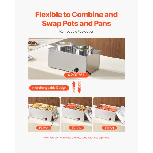 VEVOR 6.34QT Electric Soup Warmer, Two Stainless Steel Round Pot with 86~185°F Adjustable Temp, 1200W Commercial Bain Marie Compatible with Pans,