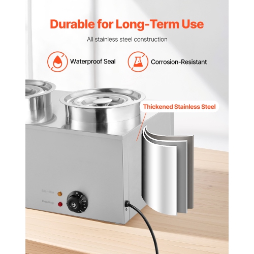 VEVOR 6.34QT Electric Soup Warmer, Two Stainless Steel Round Pot with 86~185°F Adjustable Temp, 1200W Commercial Bain Marie Compatible with Pans,