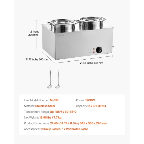 VEVOR 6.34QT Electric Soup Warmer, Two Stainless Steel Round Pot with 86~185°F Adjustable Temp, 1200W Commercial Bain Marie Compatible with Pans,