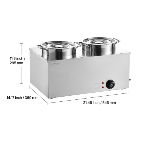 VEVOR 6.34QT Electric Soup Warmer, Two Stainless Steel Round Pot with 86~185°F Adjustable Temp, 1200W Commercial Bain Marie Compatible with Pans,