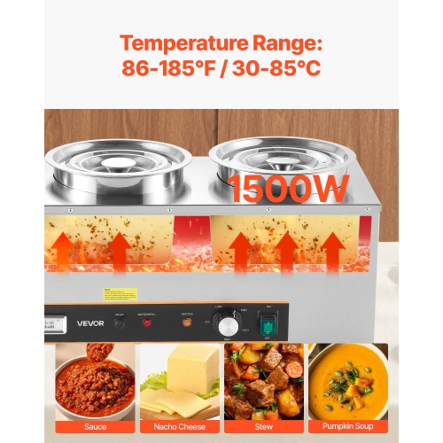 VEVOR 6.34QT Electric Soup Warmer, Three Stainless Steel Round Pot with 86~185°F Adjustable Temp, 1500W Commercial Bain Marie with Anti-dry Burn and