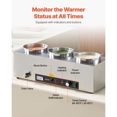 VEVOR 6.34QT Electric Soup Warmer, Three Stainless Steel Round Pot with 86~185°F Adjustable Temp, 1500W Commercial Bain Marie with Anti-dry Burn and