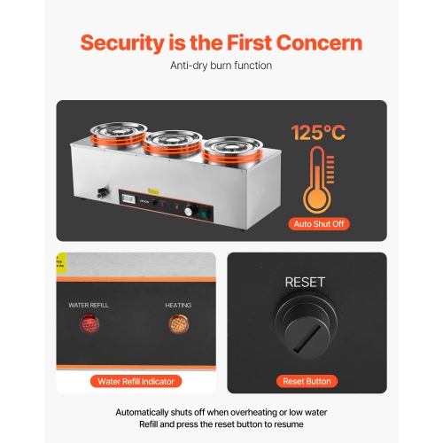 VEVOR 6.34QT Electric Soup Warmer, Three Stainless Steel Round Pot with 86~185°F Adjustable Temp, 1500W Commercial Bain Marie with Anti-dry Burn and