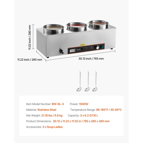 VEVOR 6.34QT Electric Soup Warmer, Three Stainless Steel Round Pot with 86~185°F Adjustable Temp, 1500W Commercial Bain Marie with Anti-dry Burn and
