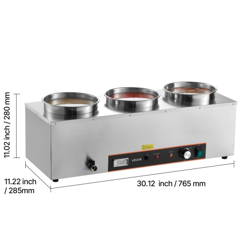 VEVOR 6.34QT Electric Soup Warmer, Three Stainless Steel Round Pot with 86~185°F Adjustable Temp, 1500W Commercial Bain Marie with Anti-dry Burn and