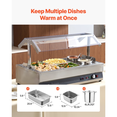 VEVOR 6.34QT Electric Soup Warmer, Two Pots & Four 1/2 Pans, Stainless Steel Commercial Food Warmer with 86~185°F Adjustable Temp, 1500W Bain Marie