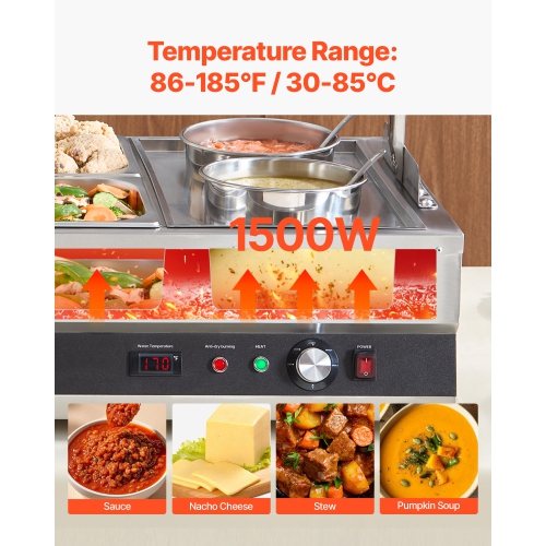 VEVOR 6.34QT Electric Soup Warmer, Two Pots & Four 1/2 Pans, Stainless Steel Commercial Food Warmer with 86~185°F Adjustable Temp, 1500W Bain Marie