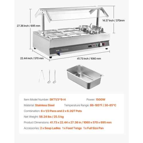 VEVOR 6.34QT Electric Soup Warmer, Two Pots & Six 1/3 Pans, Stainless Steel Commercial Food Warmer with 86~185°F Adjustable Temp, 1500W Bain Marie