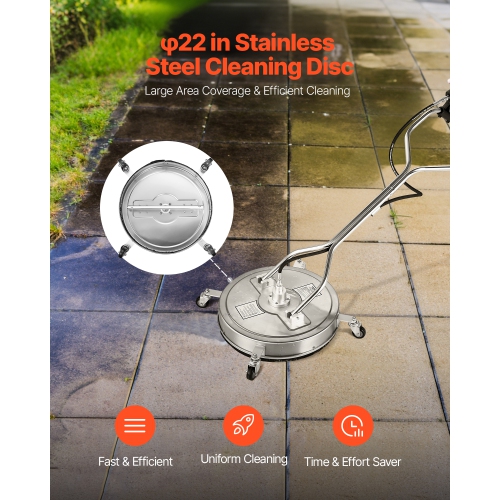 VEVOR 22" Pressure Washer Surface Cleaner, Stainless Steel Attachments with 4-Wheel, 4500 Max PSI, 3/8 Quick Connector, 2 Spray Nozzles, Dual Handle,
