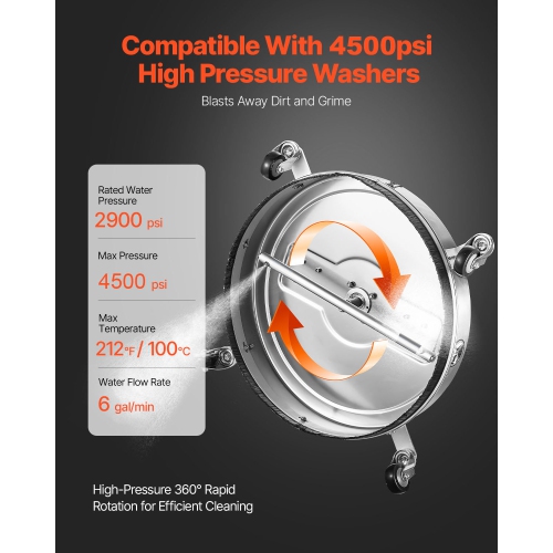 VEVOR 22" Pressure Washer Surface Cleaner, Stainless Steel Attachments with 4-Wheel, 4500 Max PSI, 3/8 Quick Connector, 2 Spray Nozzles, Dual Handle,