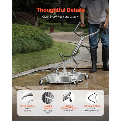 VEVOR 22" Pressure Washer Surface Cleaner, Stainless Steel Attachments with 4-Wheel, 4500 Max PSI, 3/8 Quick Connector, 2 Spray Nozzles, Dual Handle,