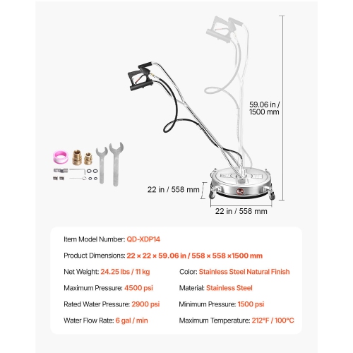 VEVOR 22" Pressure Washer Surface Cleaner, Stainless Steel Attachments with 4-Wheel, 4500 Max PSI, 3/8 Quick Connector, 2 Spray Nozzles, Dual Handle,
