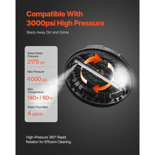 VEVOR 15" Pressure Washer Surface Cleaner, Plastic Attachments with 4-Wheel, 4000 Max PSI, 1/4 Quick Connector, 2 Spray Nozzles, for Driveways,