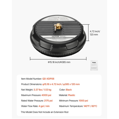 VEVOR 15" Pressure Washer Surface Cleaner, Plastic Attachments with 4-Wheel, 4000 Max PSI, 1/4 Quick Connector, 2 Spray Nozzles, for Driveways,