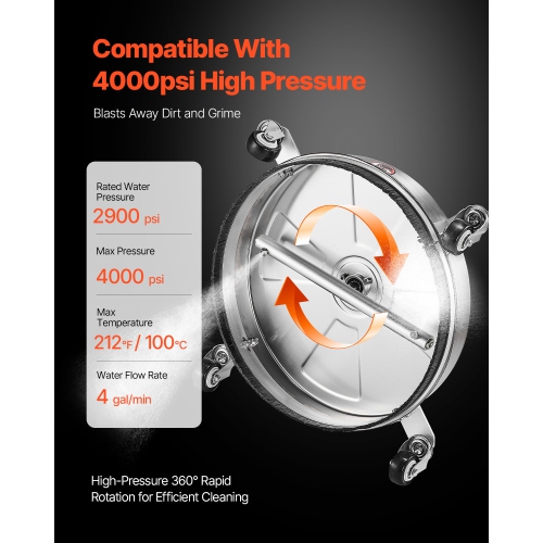 VEVOR 15" Pressure Washer Surface Cleaner, Stainless Steel Attachments with 4-Wheel, 4000 Max PSI, 1/4 Quick Connector, 2 Spray Nozzles, 2 Extended