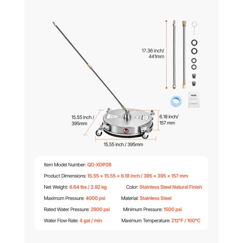 VEVOR 15" Pressure Washer Surface Cleaner, Stainless Steel Attachments with 4-Wheel, 4000 Max PSI, 1/4 Quick Connector, 2 Spray Nozzles, 2 Extended
