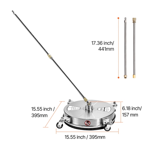 VEVOR 15" Pressure Washer Surface Cleaner, Stainless Steel Attachments with 4-Wheel, 4000 Max PSI, 1/4 Quick Connector, 2 Spray Nozzles, 2 Extended
