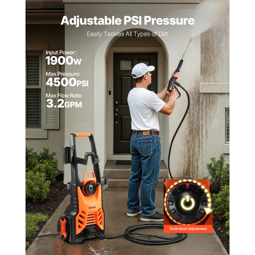 VEVOR 4500 PSI Max Electric Pressure Washer, 3.2 GPM With Pressure Adjustment, High Power Pressure Machine with 4 Quick Connect Nozzles, for