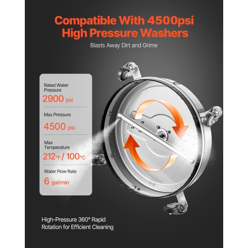 VEVOR 20" Pressure Washer Surface Cleaner, Stainless Steel Attachments with 4-Wheel, 4500 Max PSI, 3/8 Quick Connector, 2 Spray Nozzles, Dual Handle,