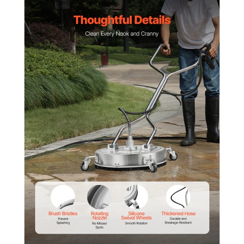 VEVOR 20" Pressure Washer Surface Cleaner, Stainless Steel Attachments with 4-Wheel, 4500 Max PSI, 3/8 Quick Connector, 2 Spray Nozzles, Dual Handle,