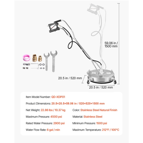 VEVOR 20" Pressure Washer Surface Cleaner, Stainless Steel Attachments with 4-Wheel, 4500 Max PSI, 3/8 Quick Connector, 2 Spray Nozzles, Dual Handle,