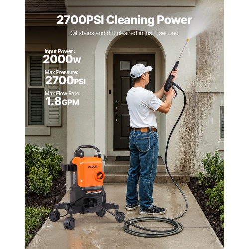 VEVOR 2700 PSI Max Electric Pressure Washer, 1.8 GPM, High Power Pressure Machine with 4 Quick Connect Nozzles and a Foam Cannon, Ideal for