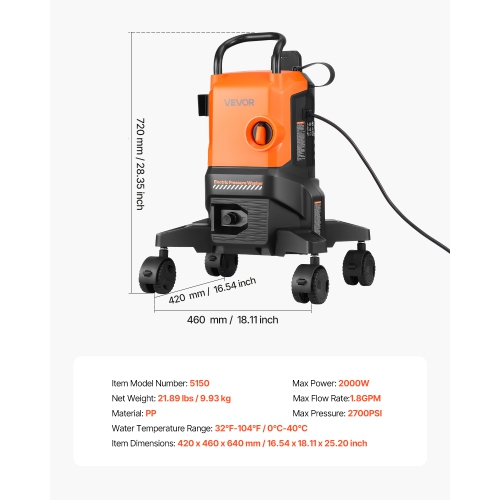 VEVOR 2700 PSI Max Electric Pressure Washer, 1.8 GPM, High Power Pressure Machine with 4 Quick Connect Nozzles and a Foam Cannon, Ideal for
