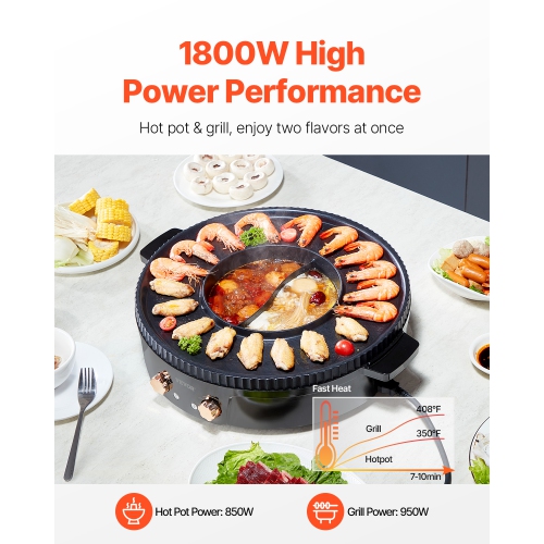 VEVOR 1800W 2-in-1 Hot Pot with Grill, Electric Smokeless Grill and Hot Pot, Korean BBQ Shabu Shabu Hotpot with Separate Dual Temperature Control,