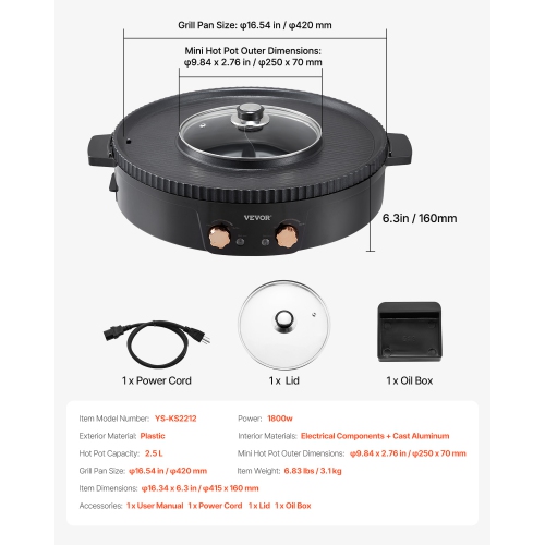 VEVOR 1800W 2-in-1 Hot Pot with Grill, Electric Smokeless Grill and Hot Pot, Korean BBQ Shabu Shabu Hotpot with Separate Dual Temperature Control,