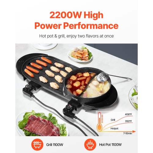 VEVOR 2200W 2-in-1 Hot Pot with Grill, Electric Smokeless Grill and Hot Pot, Korean BBQ Shabu Shabu Hotpot with Separate Dual Temperature Control,