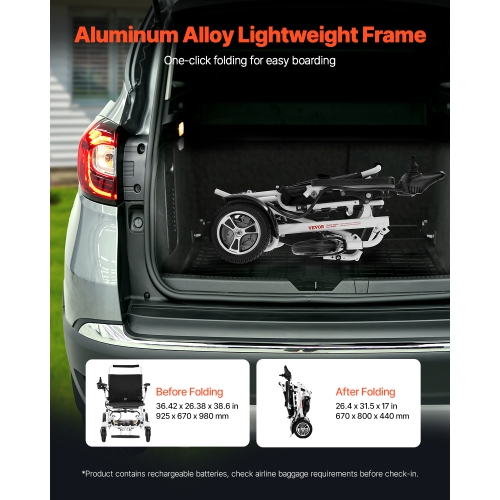 Fauteuil roulant électrique avec capacité VEVOR 300 lb pour adultes, fauteuil roulant motorisé pliable et léger, longue portée de 13 km,