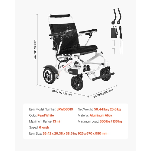 Fauteuil roulant électrique avec capacité VEVOR 300 lb pour adultes, fauteuil roulant motorisé pliable et léger, longue portée de 13 km,