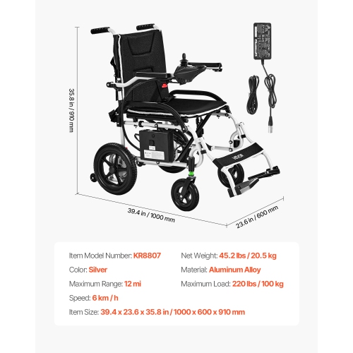 VEVOR 220lbs Capacity Electric Wheelchair for Adults,Foldable & Lightweight Motorized Wheelchair,12-Mile Long Travel Range,All-Terrain Powered