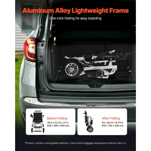 Fauteuil roulant électrique à capacité VEVOR 300&nbsp;lb pour adultes, fauteuil roulant motorisé pliable et léger, longue portée de 13&nbsp;km,