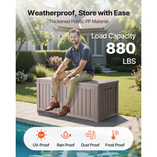 VEVOR 120 Gallon Outdoor Storage Box, Resin Deck Box, Lockable Backyard Toy and Towel Storage Cabinet Waterproof, for Patio Furniture Cushions,