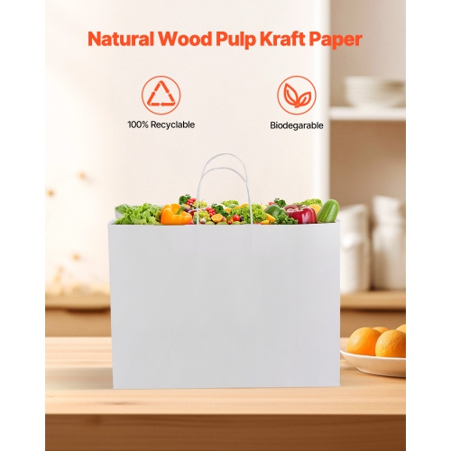 VEVOR 50Pcs Kraft Paper Bags with Handles, 16 x 6 x 12 in, Large Paper Grocery Bags, Reusable & Recycled Take-Out Sacks, Plain Party Bag Bulk for