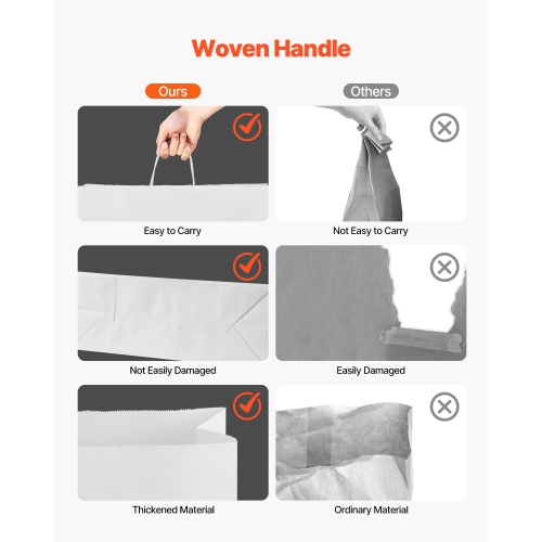 VEVOR 50Pcs Kraft Paper Bags with Handles, 16 x 6 x 12 in, Large Paper Grocery Bags, Reusable & Recycled Take-Out Sacks, Plain Party Bag Bulk for