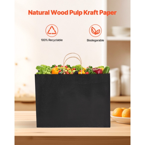 VEVOR 100Pcs Kraft Paper Bags with Handles, 16 x 6 x 12 in, Large Paper Grocery Bags, Reusable & 100% Recycled Take-Out Sacks, Plain Party Bag Bulk