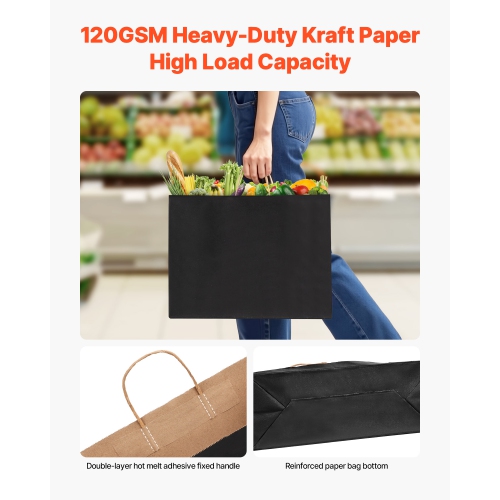 VEVOR 100Pcs Kraft Paper Bags with Handles, 16 x 6 x 12 in, Large Paper Grocery Bags, Reusable & 100% Recycled Take-Out Sacks, Plain Party Bag Bulk