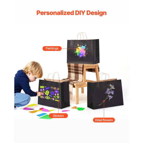 VEVOR 100Pcs Kraft Paper Bags with Handles, 16 x 6 x 12 in, Large Paper Grocery Bags, Reusable & 100% Recycled Take-Out Sacks, Plain Party Bag Bulk