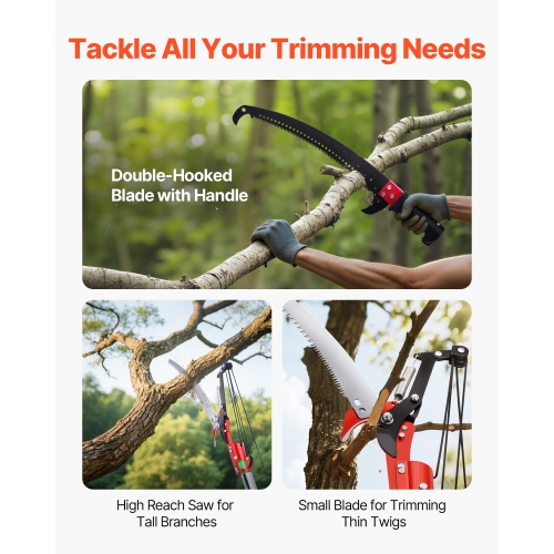 VEVOR 3.87-27 ft Manual Pole Saw,Extendable Pole Tree Pruner with Scissors, Sharp 65Mn Steel Blade, Lightweight Fiberglass Handle Pole, for High