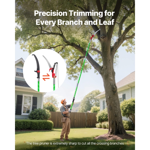 VEVOR 3.87-27 ft Manual Pole Saw,Extendable Pole Tree Pruner with Scissors, Sharp 65Mn Steel Blade, Lightweight Fiberglass Handle Pole, for High