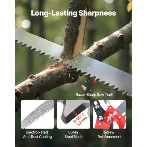 VEVOR 3.87-27 ft Manual Pole Saw,Extendable Pole Tree Pruner with Scissors, Sharp 65Mn Steel Blade, Lightweight Fiberglass Handle Pole, for High